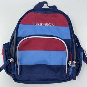 POTTERY BARN KIDS: Mini Blue/Red Striped Fairfax Backpack Mono “Greyson”